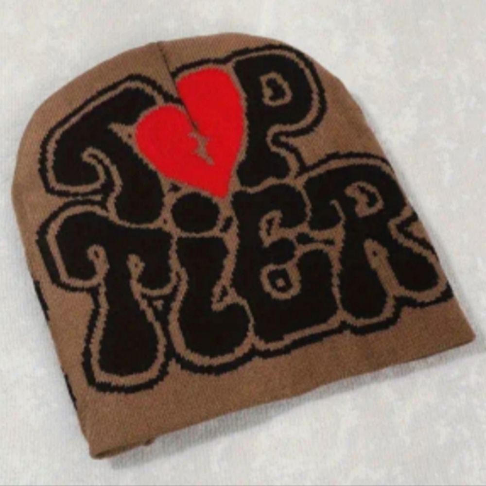 Top Tier Brown Beanie with Red Heart